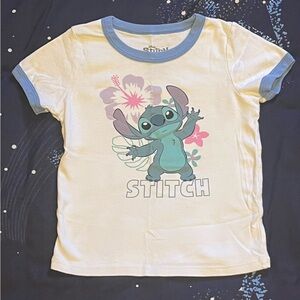 Girls Sz L (10) Disney White Ringer Tee with Blue Trim and Stitch Graphic